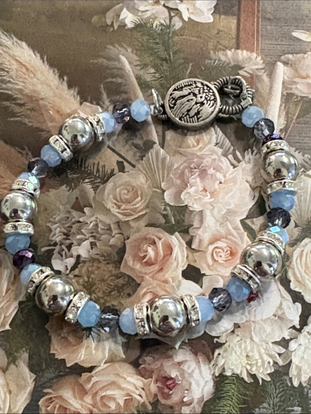 Artisan Silver-Tone Bracelet with Light Blue and Purple Beads